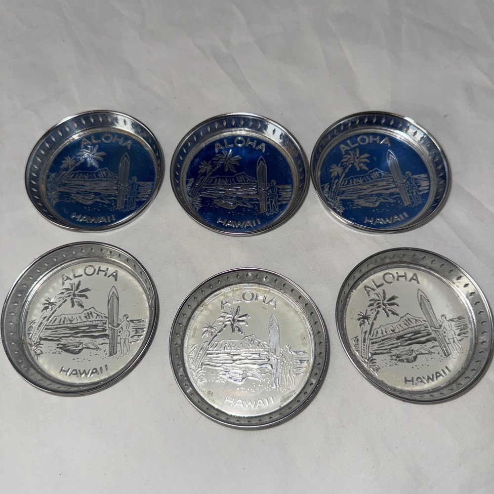 Vintage Hawaii Aloha Tin Metal Coasters Surfer Tiki Bar Man Cave 3" Set of 6